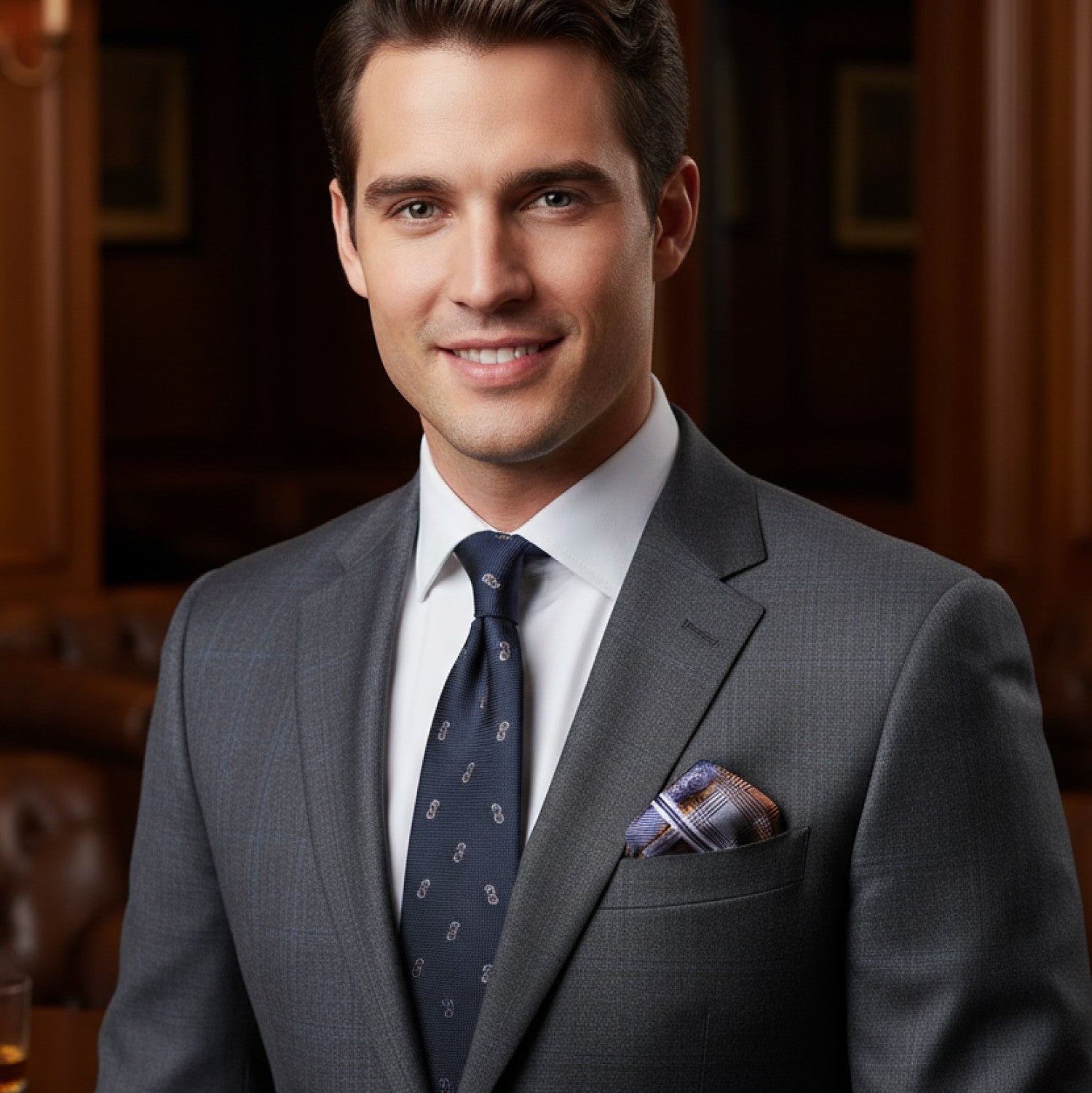 Man wearing a gray suit with a blue tie and patterned pocket square, standing in an indoor setting.