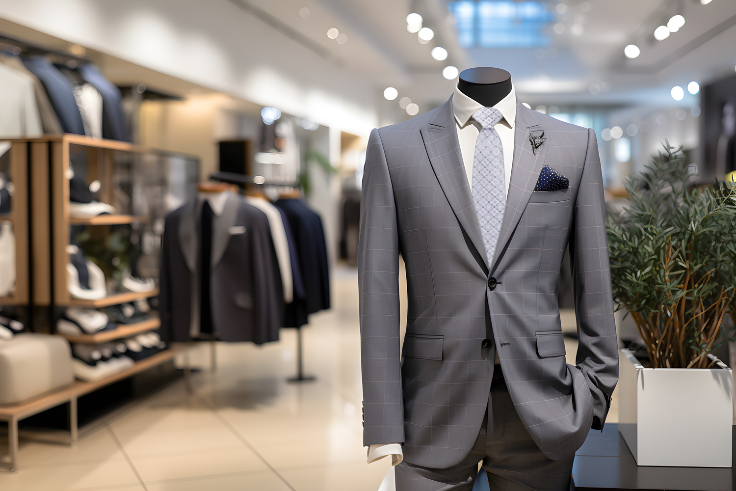 Silver Geometric Necktie on Mannequin Wearing Grey Suit