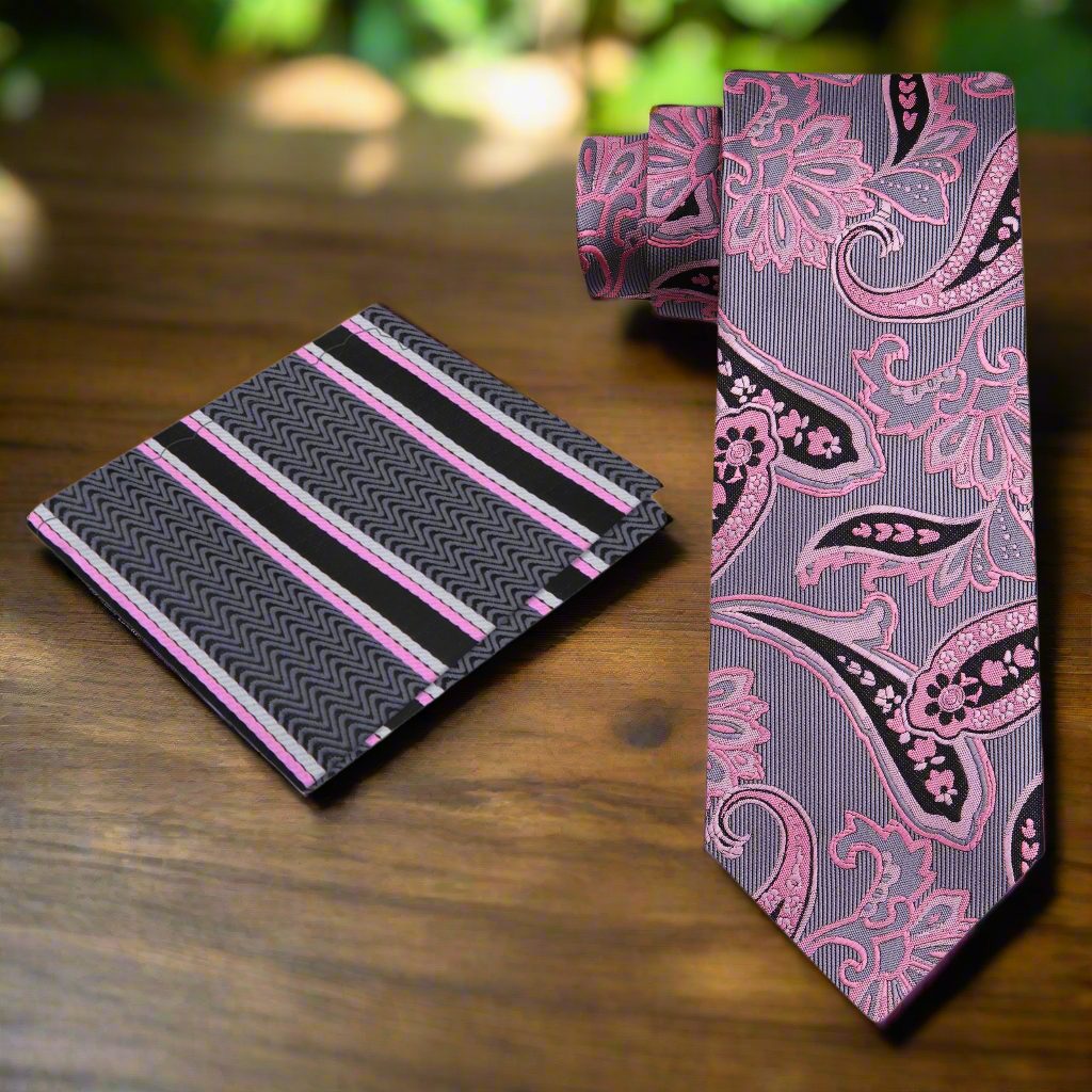 Pink, Silver and Black Paisley Tie and Accenting Square