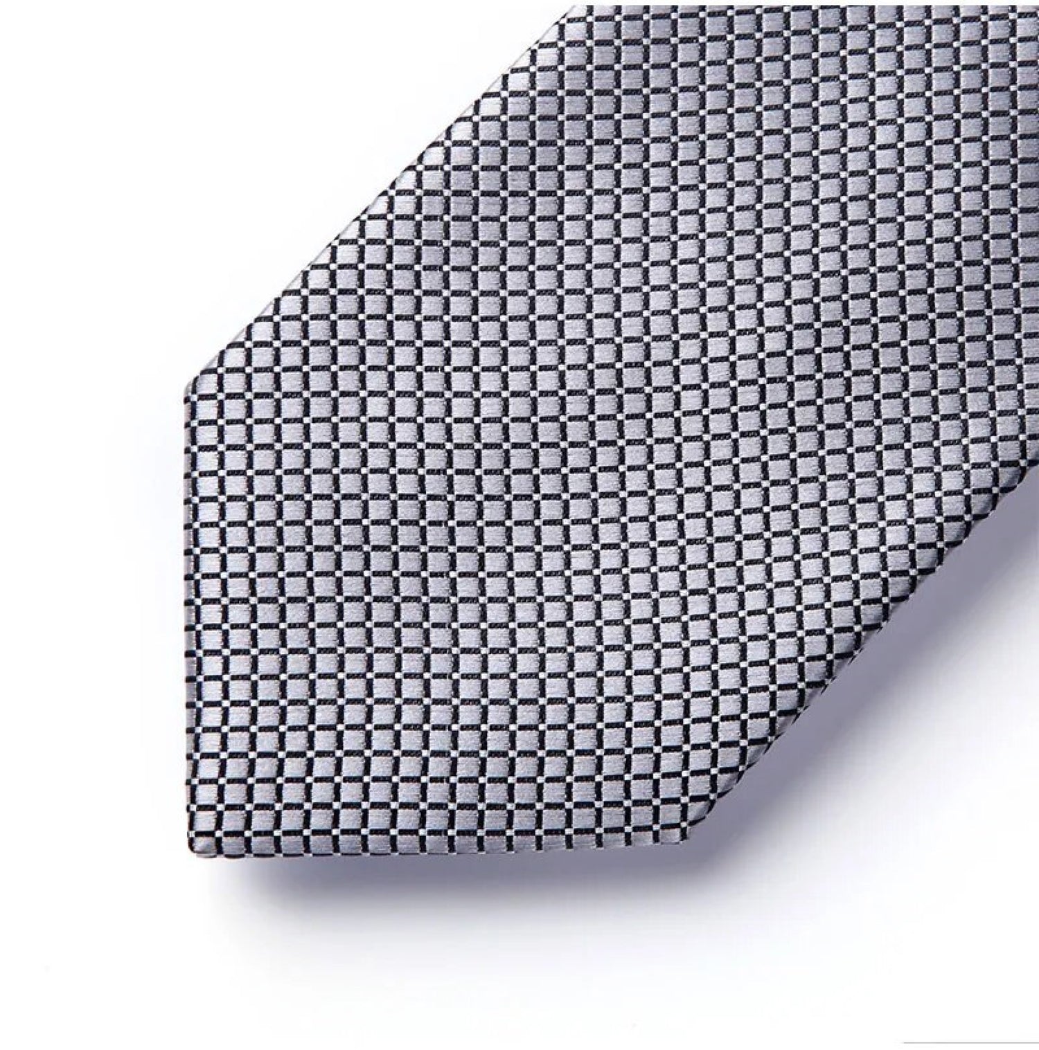 single tie end: Silver Geometric Necktie and Matching Pocket Square