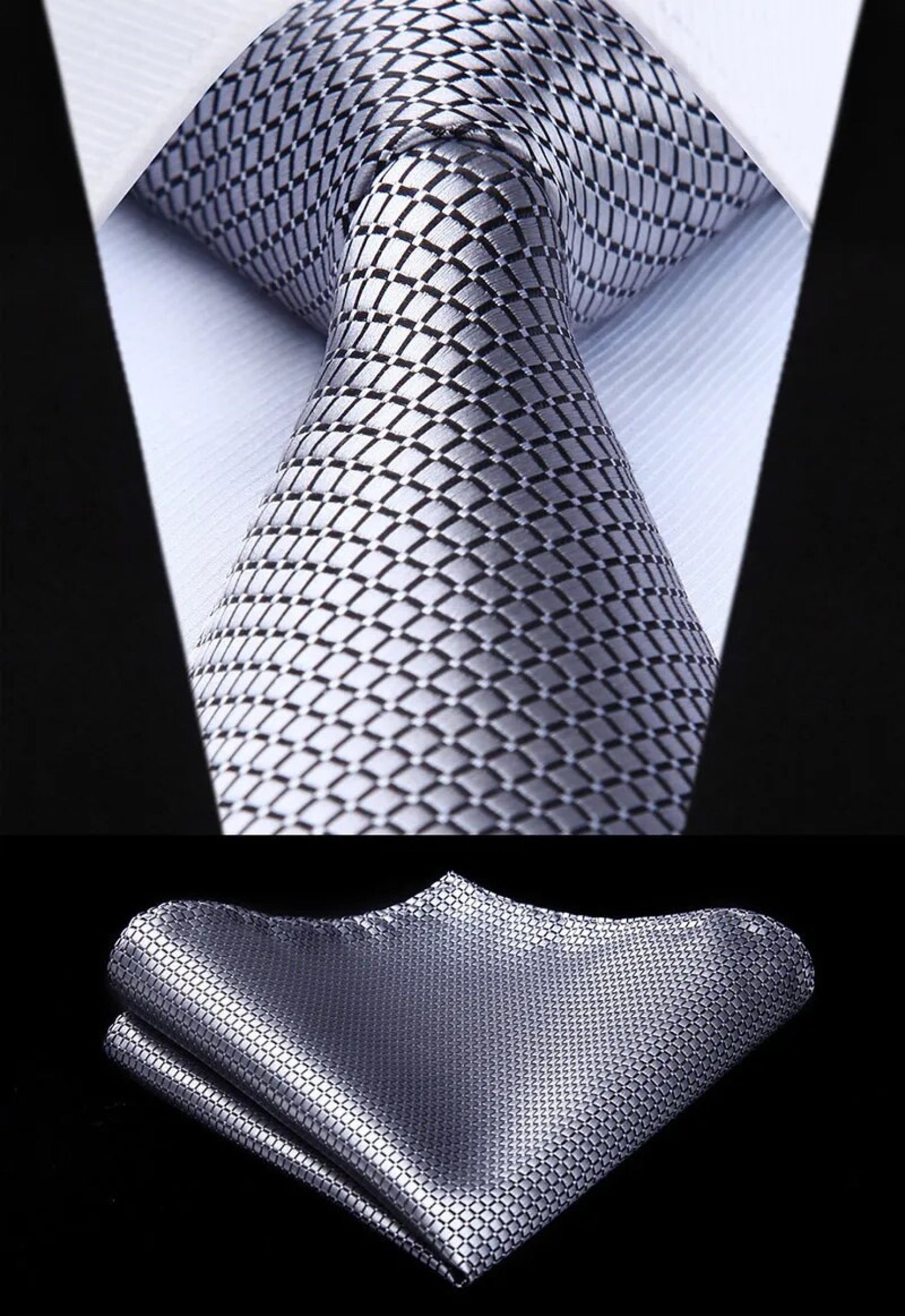 Silver Geometric Necktie and Matching Pocket Square