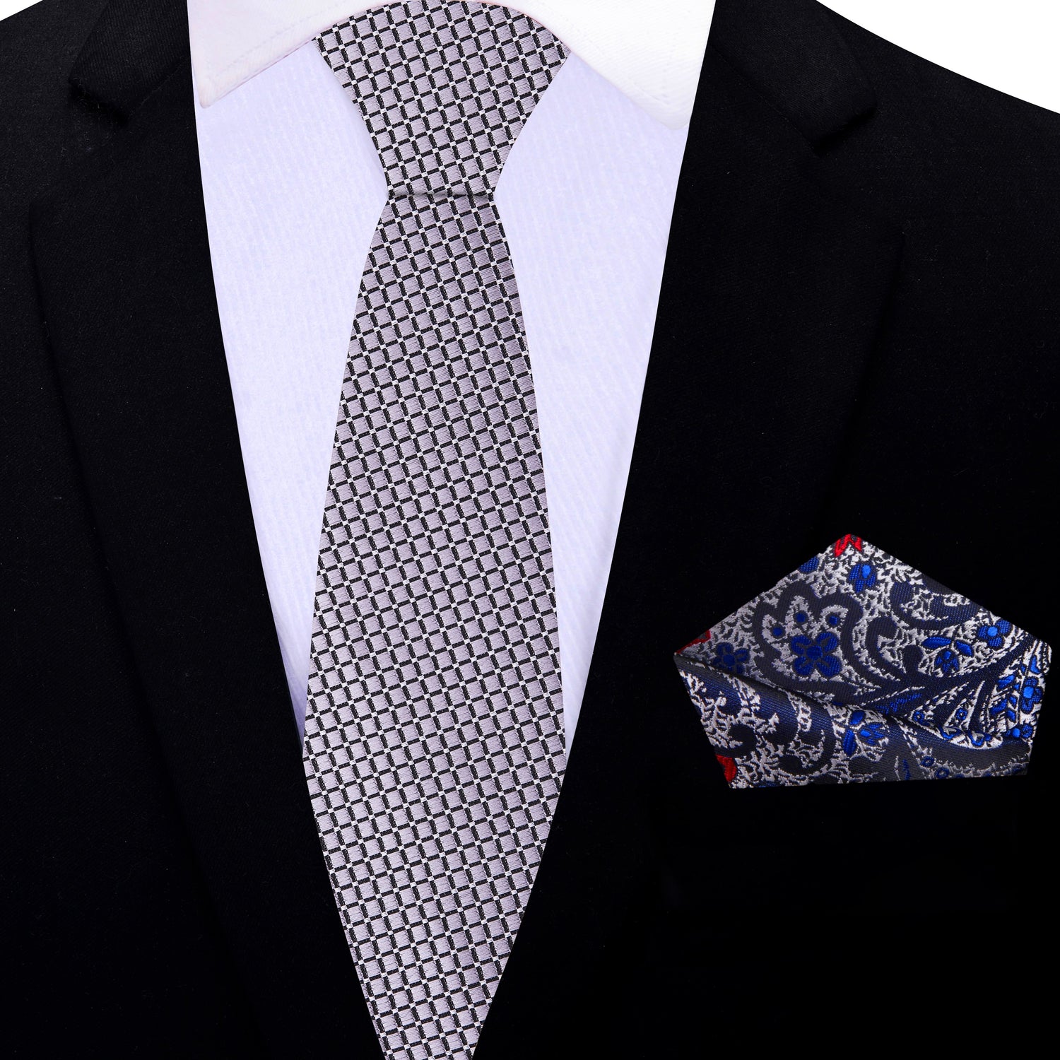 Thin Tie: Metallic Silver Geometric Tie and Accenting Silver, Black, Blue, Red Paisley Square