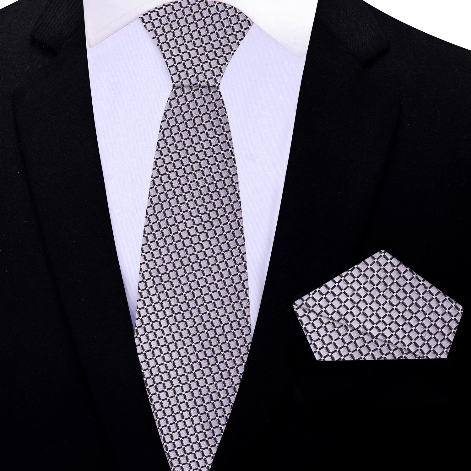 Thin Tie: Metallic Silver Geometric Tie and Matching Square