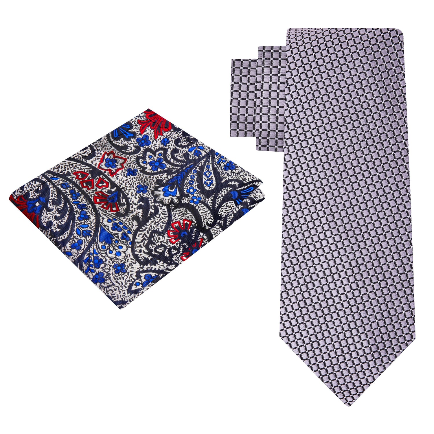 Alt View: Metallic Silver Geometric Tie and Accenting Silver, Black, Blue, Red Paisley Square