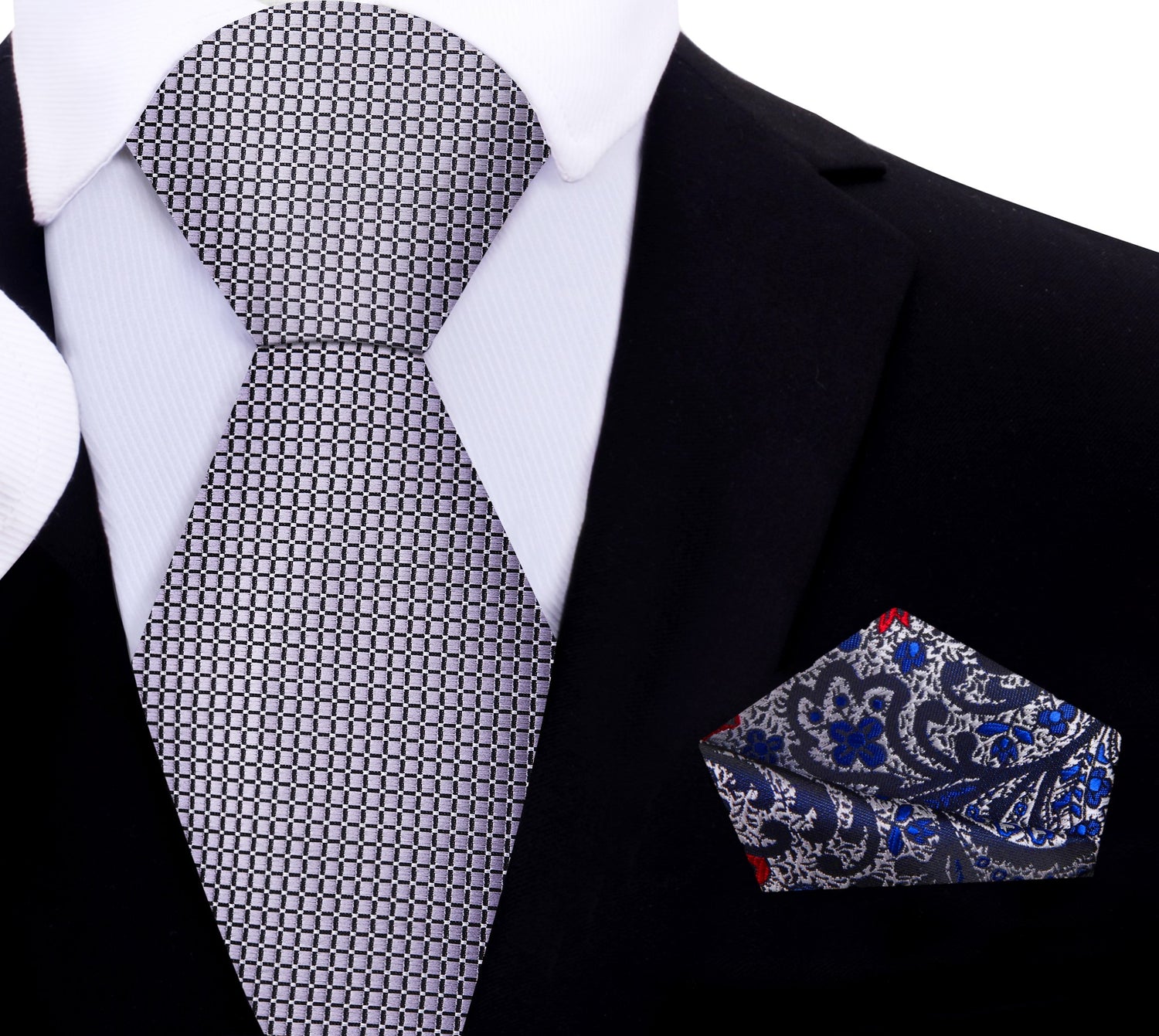 Metallic Silver Geometric Tie and Accenting Silver, Black, Blue, Red Paisley Square