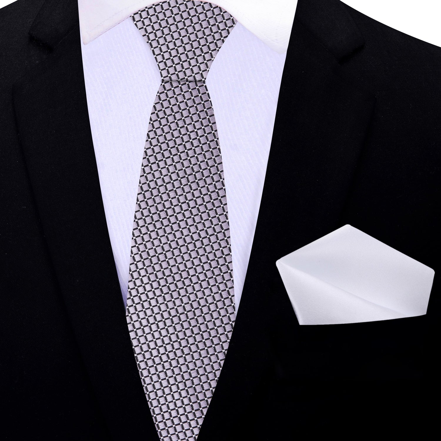 silver thin tie and white square
