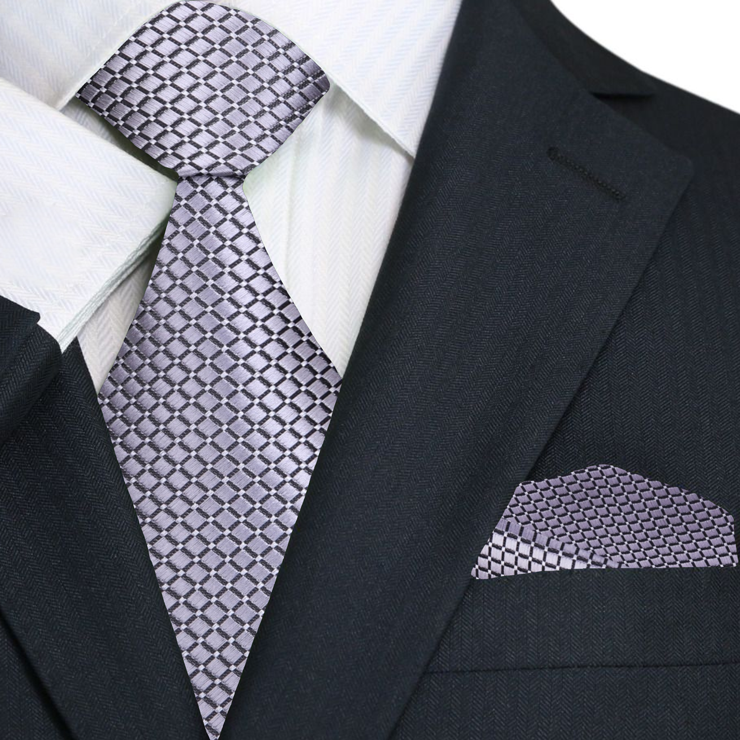 Premium Metallic Silver Geometric Tie and Matching Square