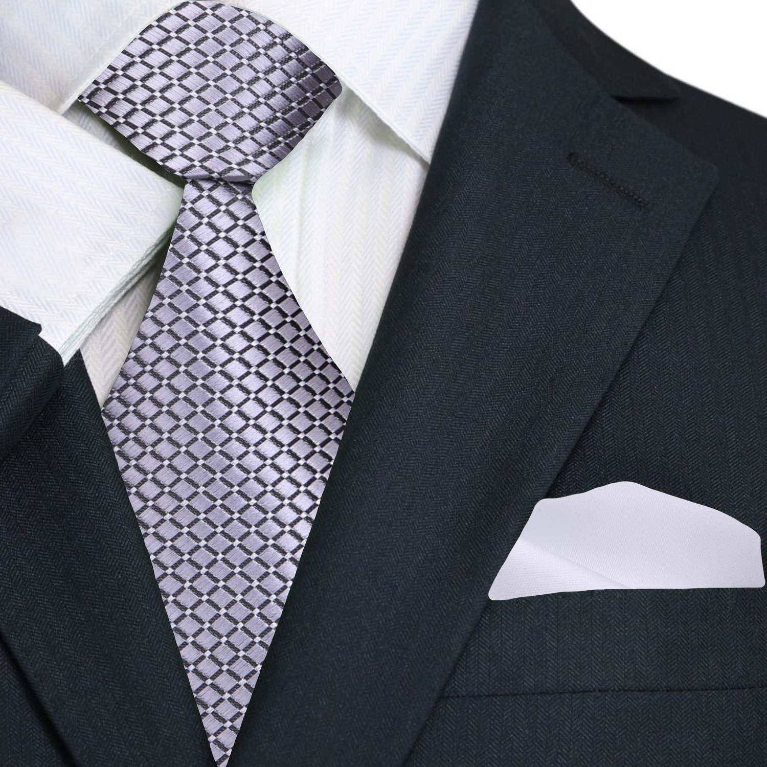 Main: A Light Grey Small Geometric Diamond With Small Dots Pattern Necktie With Solid White Pocket 