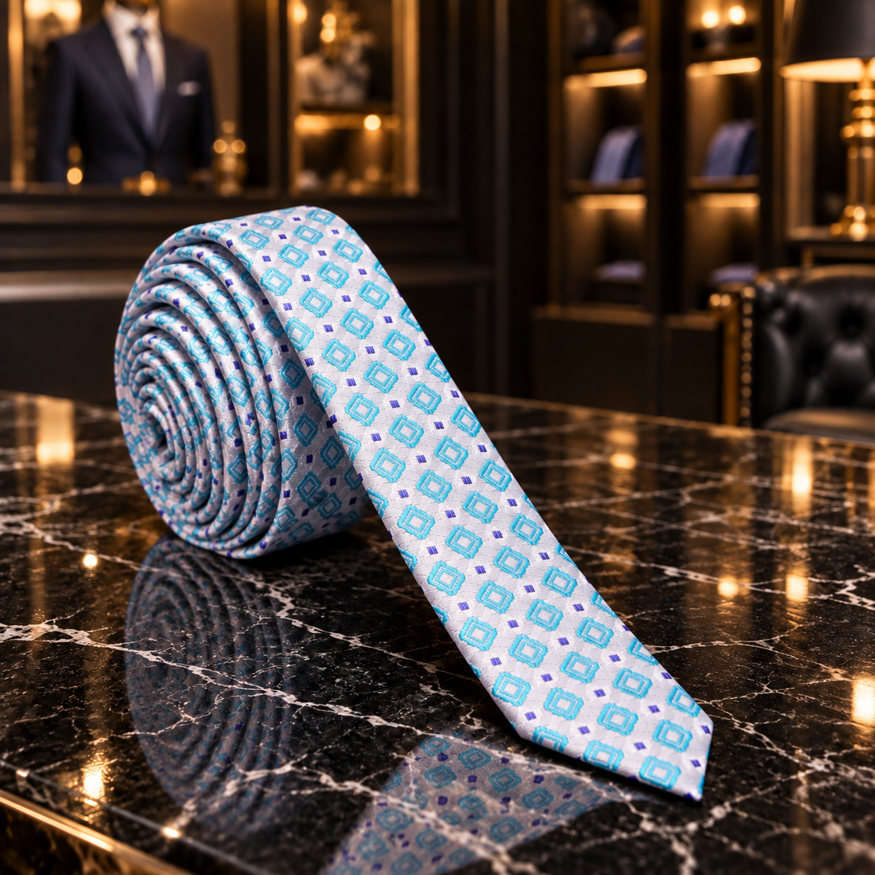 A rolled necktie with a light blue and white geometric pattern and small purple accents, displayed on a polished black marble surface in a luxury boutique setting.