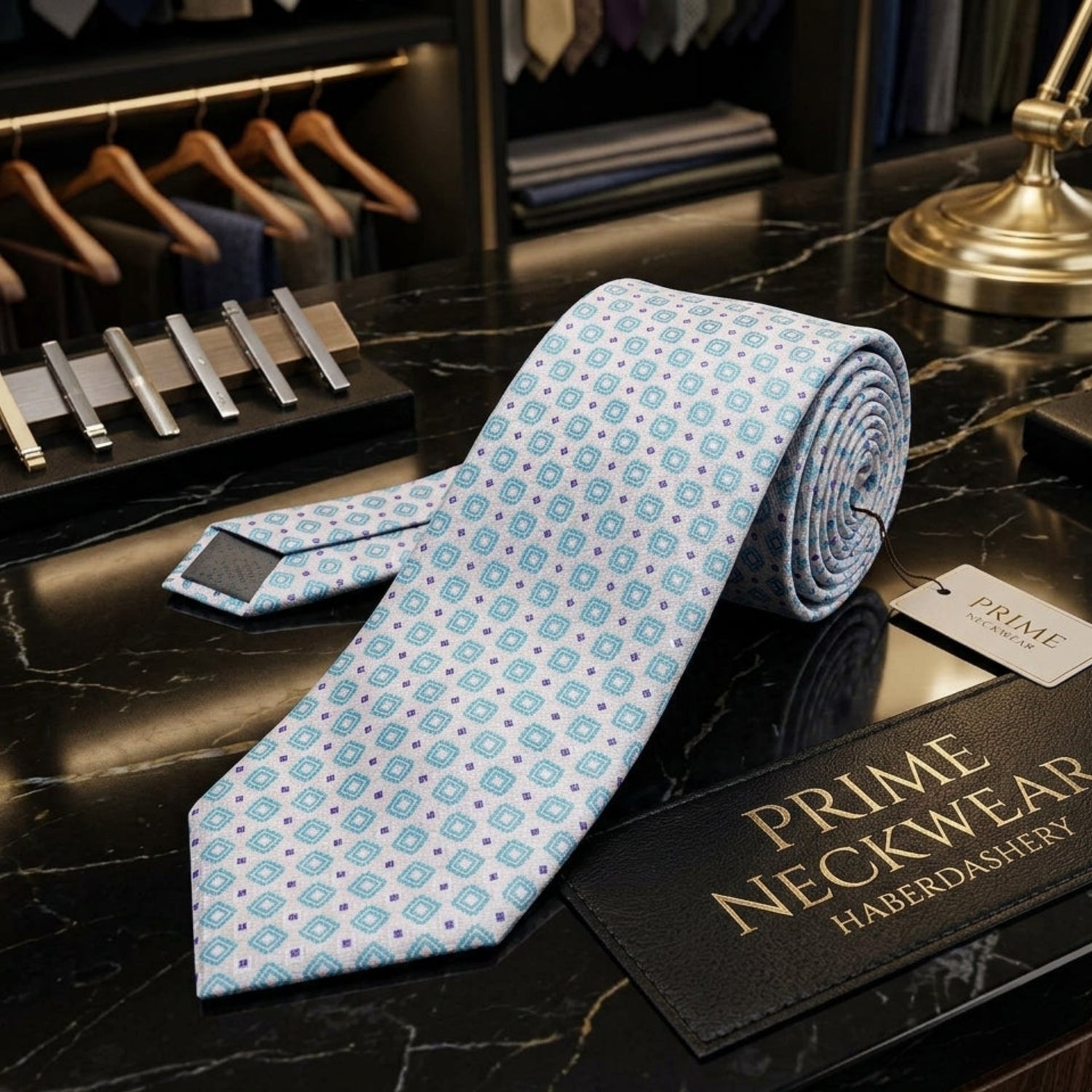A light blue and white patterned necktie with a matching tie clip, displayed on a black marble surface next to a black branded leather tag that reads 'PRIME NECKWEAR HABERDASHERY'.