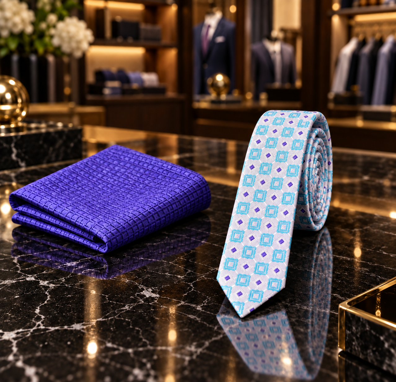 A men's necktie and matching pocket square set displayed on a polished black marble counter inside a luxury clothing boutique. The pocket square is folded in a textured royal purple fabric, while the necktie is rolled up, showcasing a light blue and white geometric diamond pattern with purple accents.