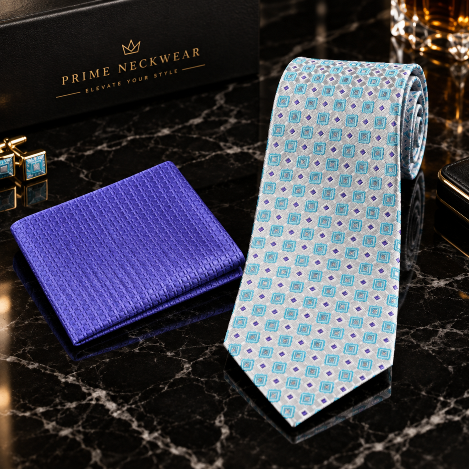 A men's necktie and matching pocket square set on a white background. The pocket square is solid purple with a subtle woven texture, while the necktie features a white base with a repeating pattern of light blue squares and small purple diamond accents.