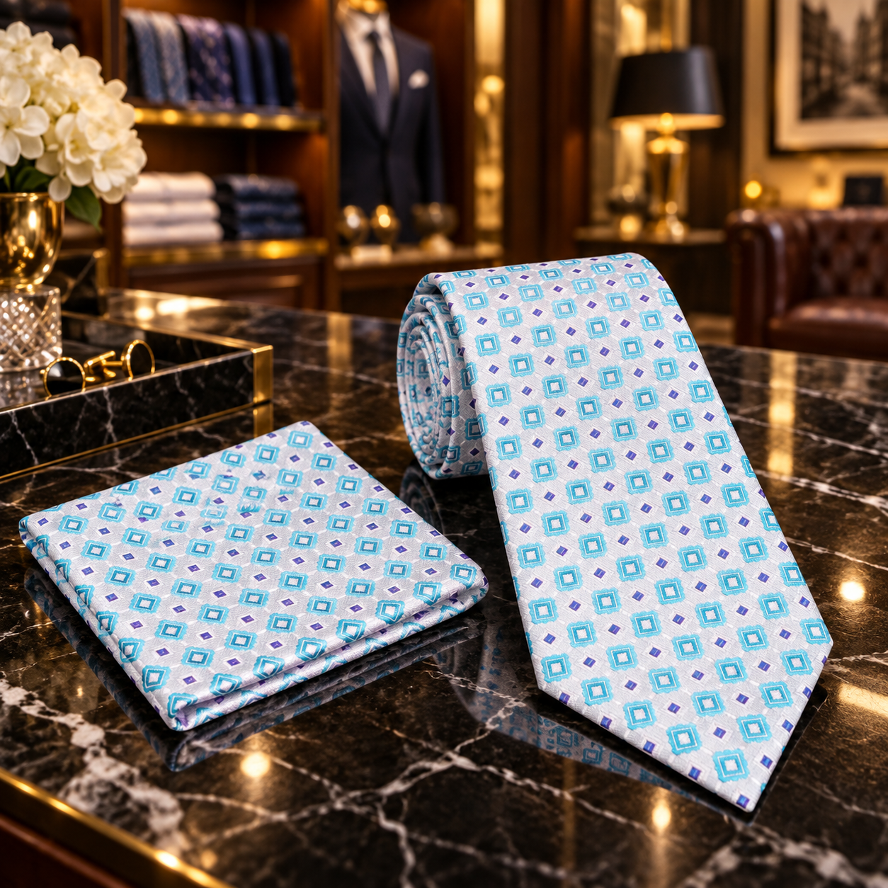 A men's necktie and matching pocket square set with a light blue and white geometric diamond pattern, displayed on a polished black marble surface in a luxury retail setting.
