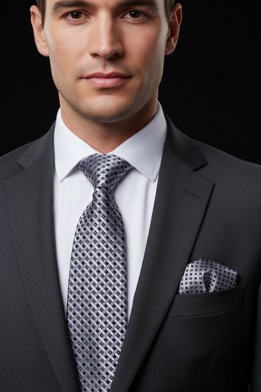Man wearing a dark suit with a patterned tie and pocket square against a black background