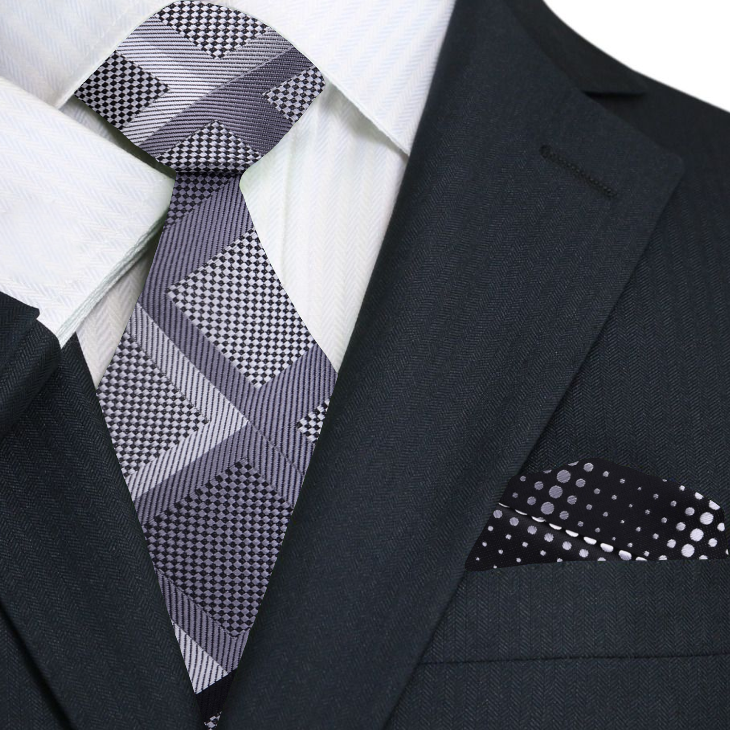 Grey Black Geometric King Tut Diamonds Tie and Black Silver Dots 