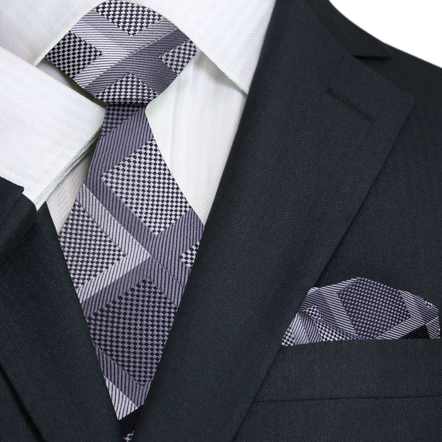 A Grey, Black Large Diamond Pattern Necktie, Matching Pocket Square||Dark Grey, Black
