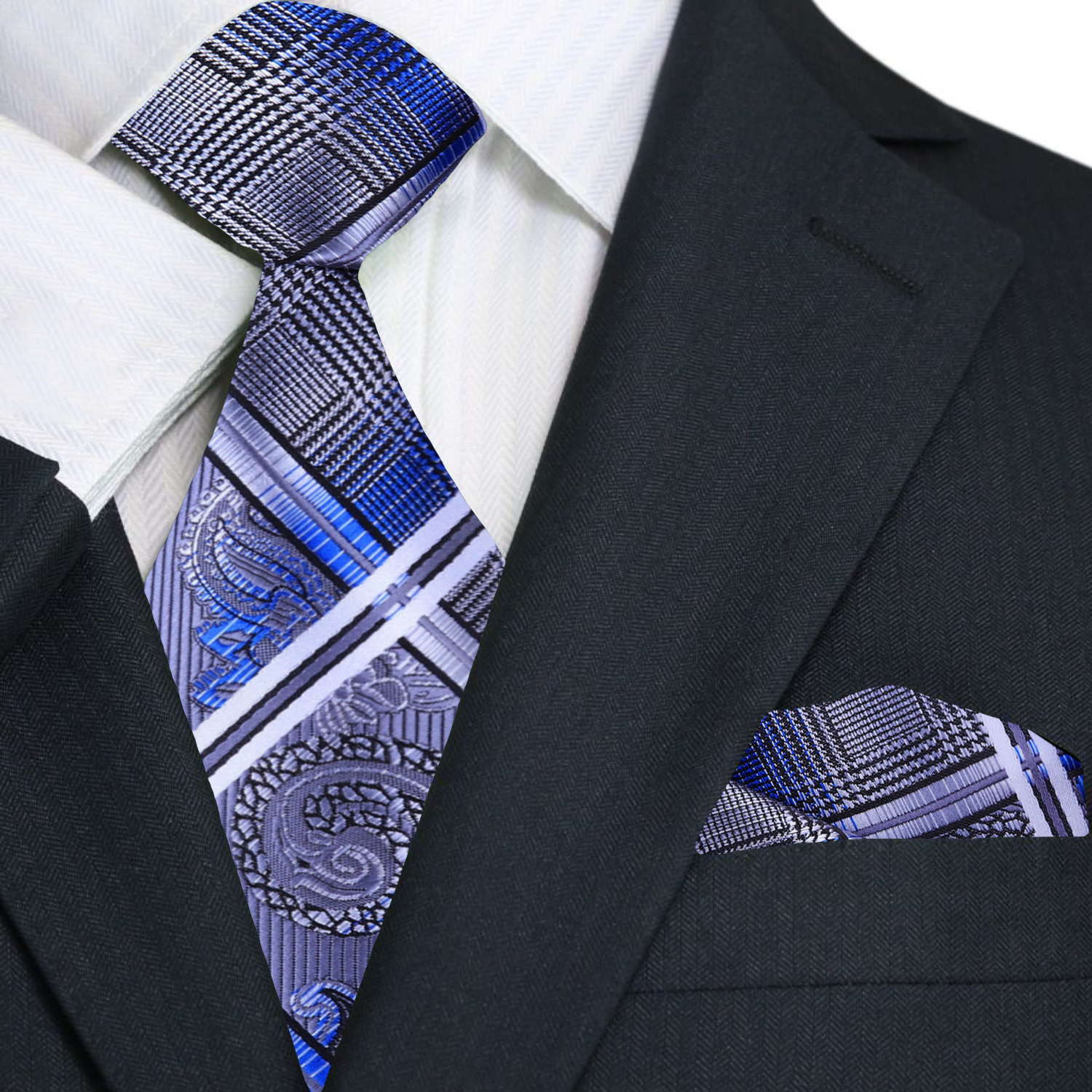 Primary A Blue, Black, White, Grey Paisley Self Tie Necktie and Pocket Square