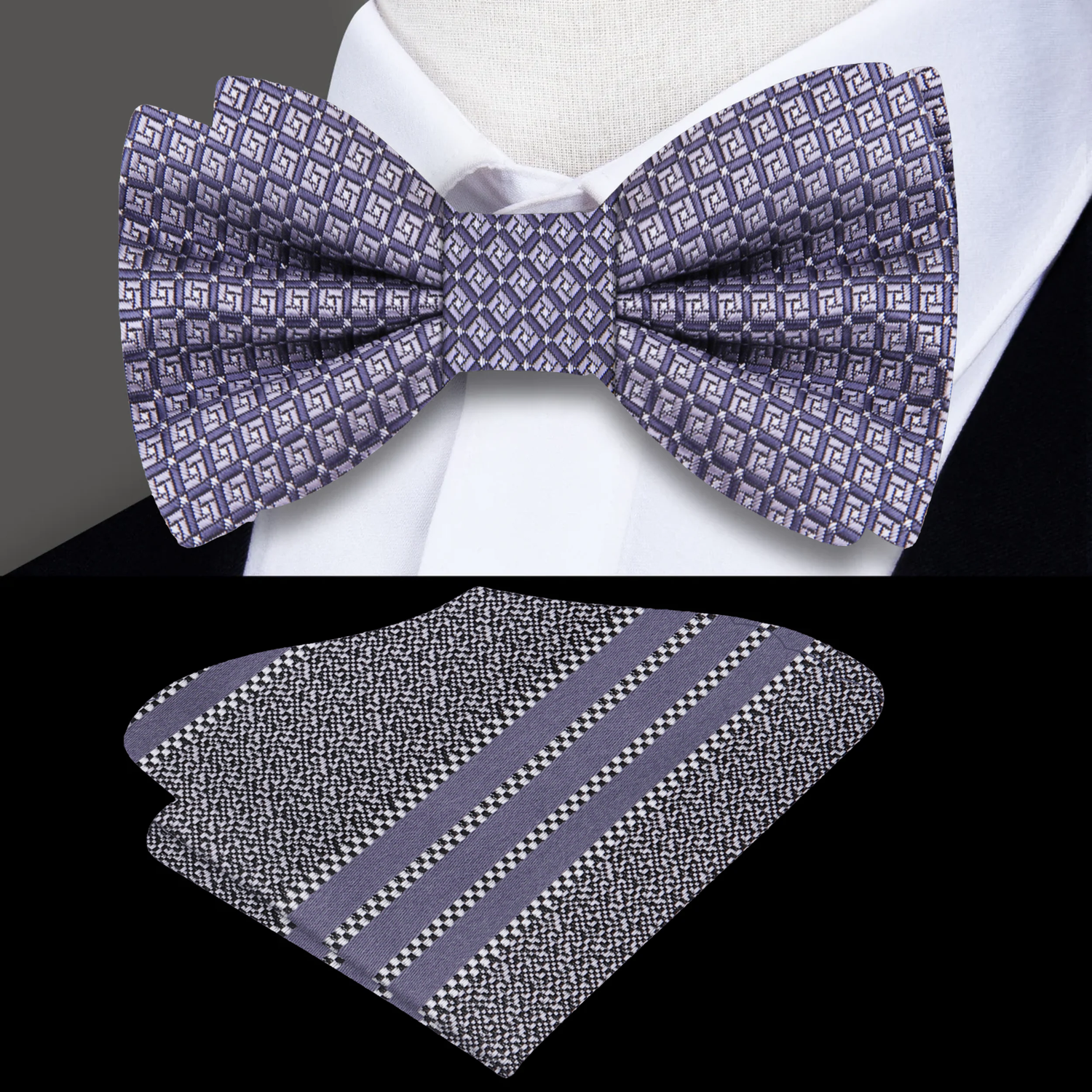 Gun Metal Grey Geometric Bow Tie And Accenting Pocket Square