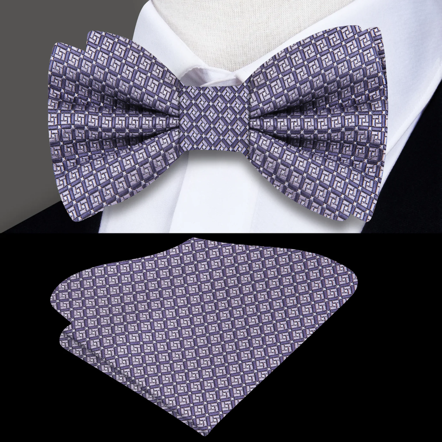 Gun Metal Grey Geometric Bow Tie And Pocket Square