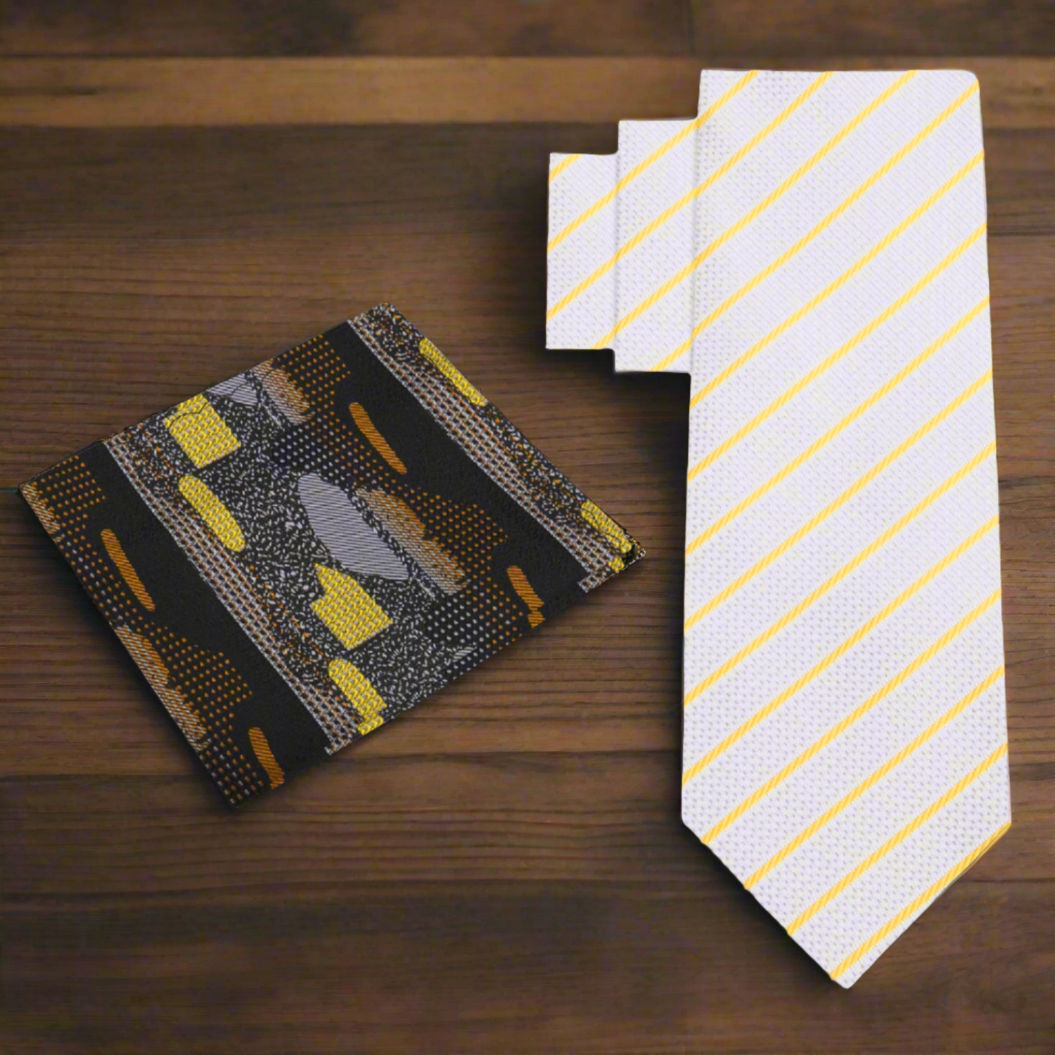 Alt Silver and Gold Pinstripe Necktie and Abstract Square