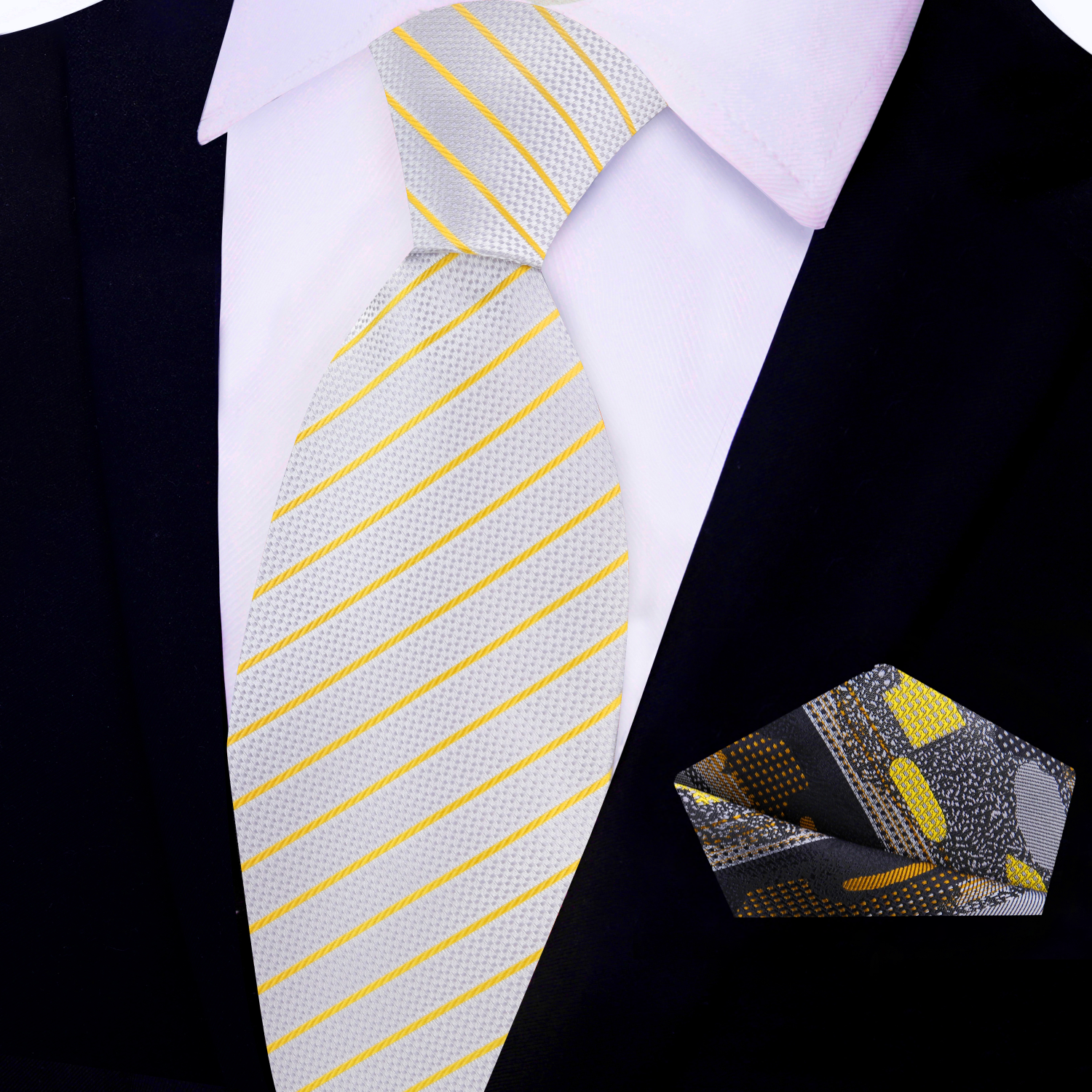 View 2: Silver and Gold Pinstripe Necktie and Abstract Square