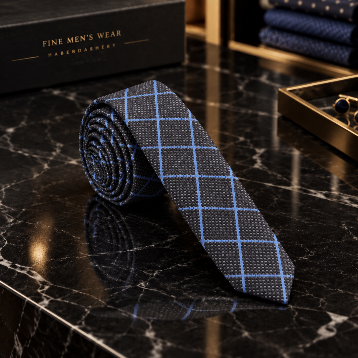 Charcoal Grey Blue Windowpane Necktie Thin