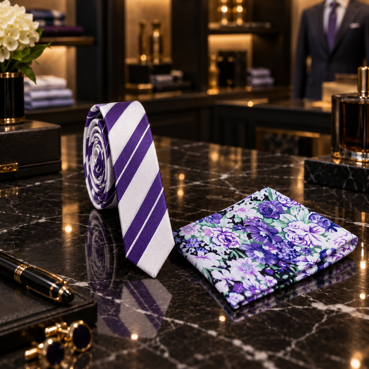 Purple & White Stripe Necktie with Pinstripe Detail