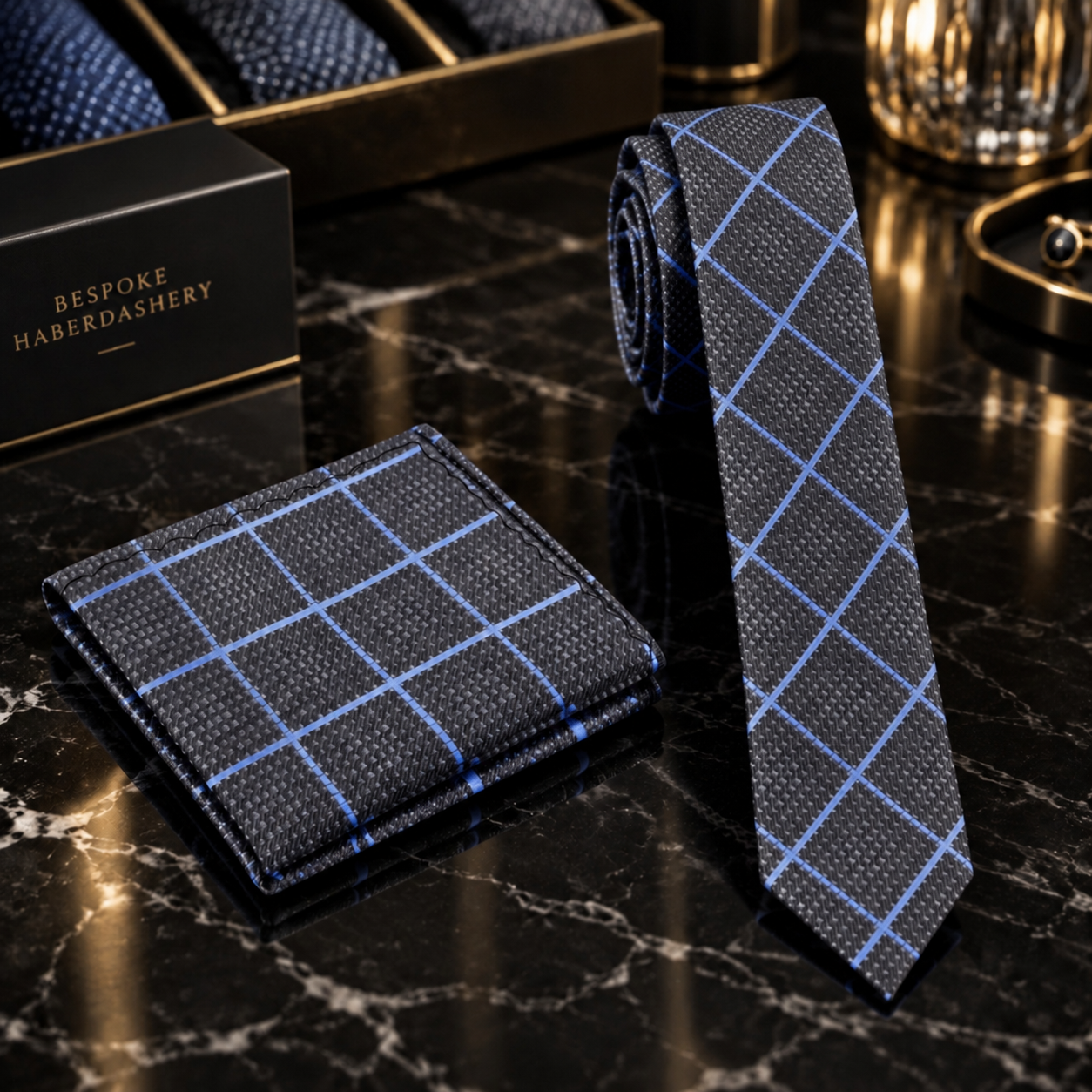 Thin Charcoal Grey Blue Windowpane Necktie and Square