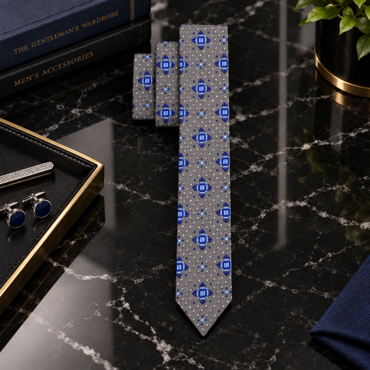 Thin Grey Blue Geometric Tie