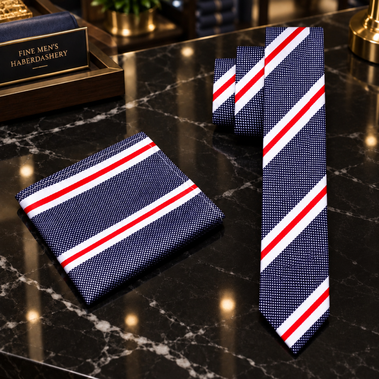 Dark Blue White Red Stripe Thin Tie and Square