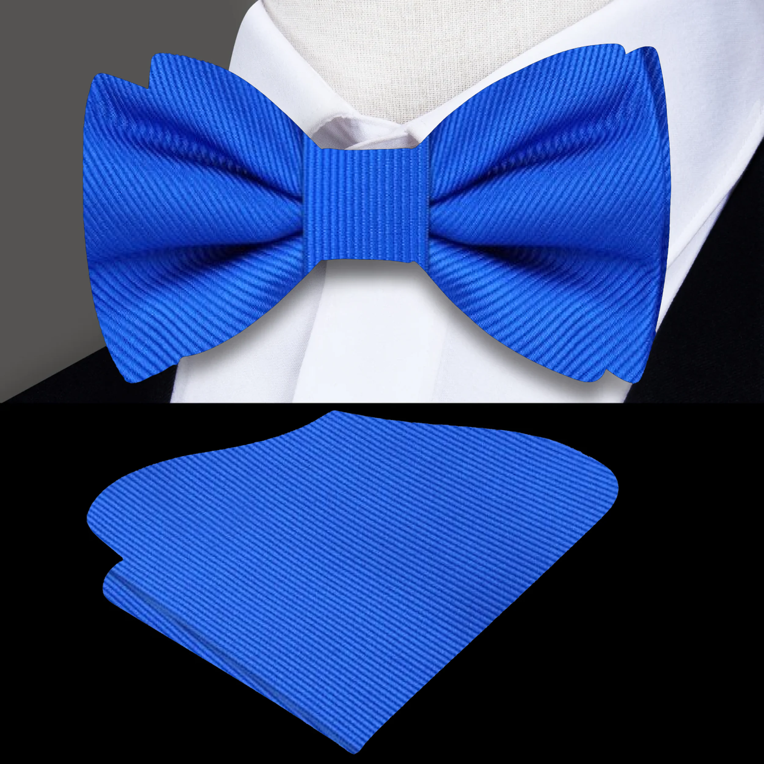 A Solid Sky Blue Bow Tie With Lined Texture, Matching Pocket Square
