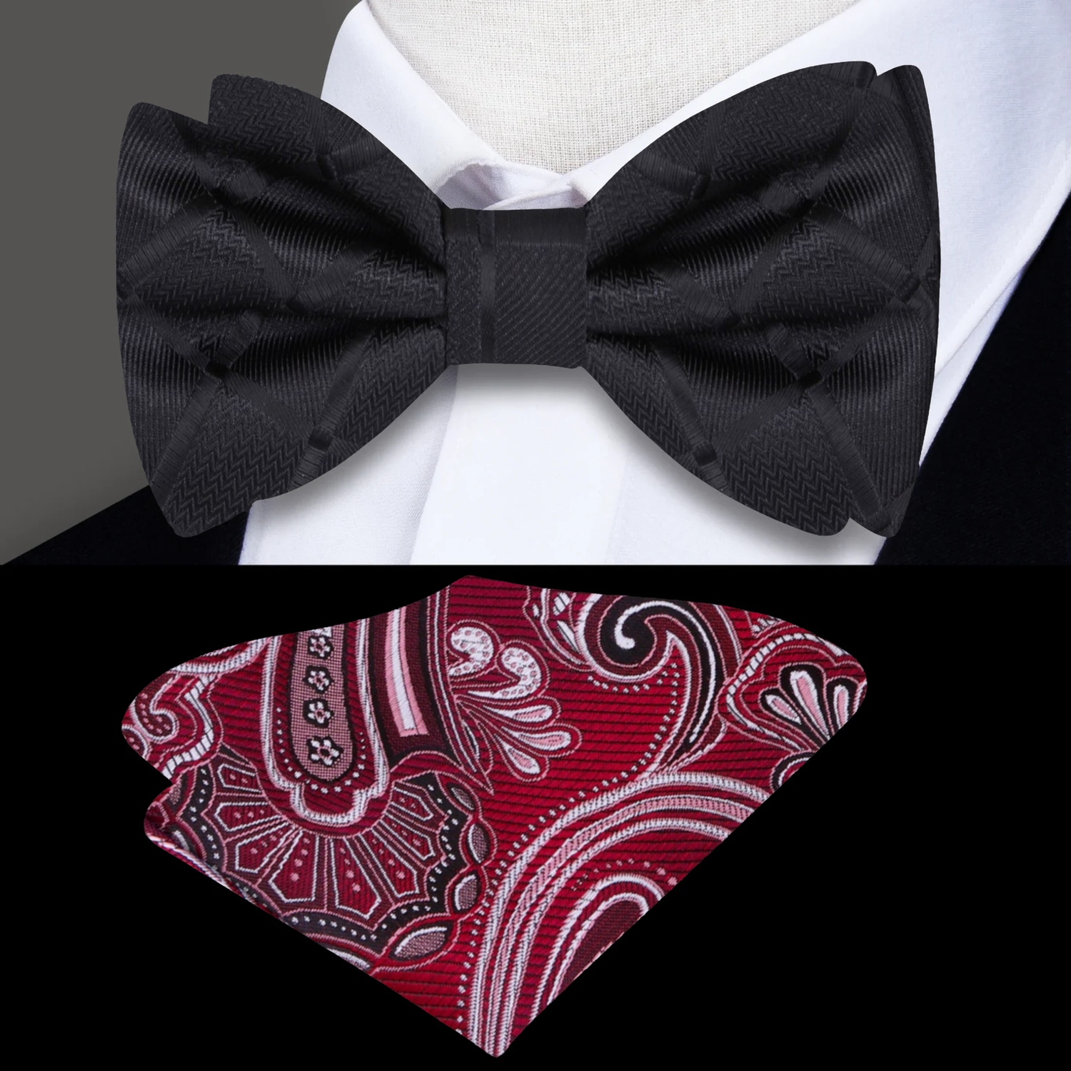 View 2: Black with Geometric Texture Bow Tie and Burgundy Paisley Pocket Square