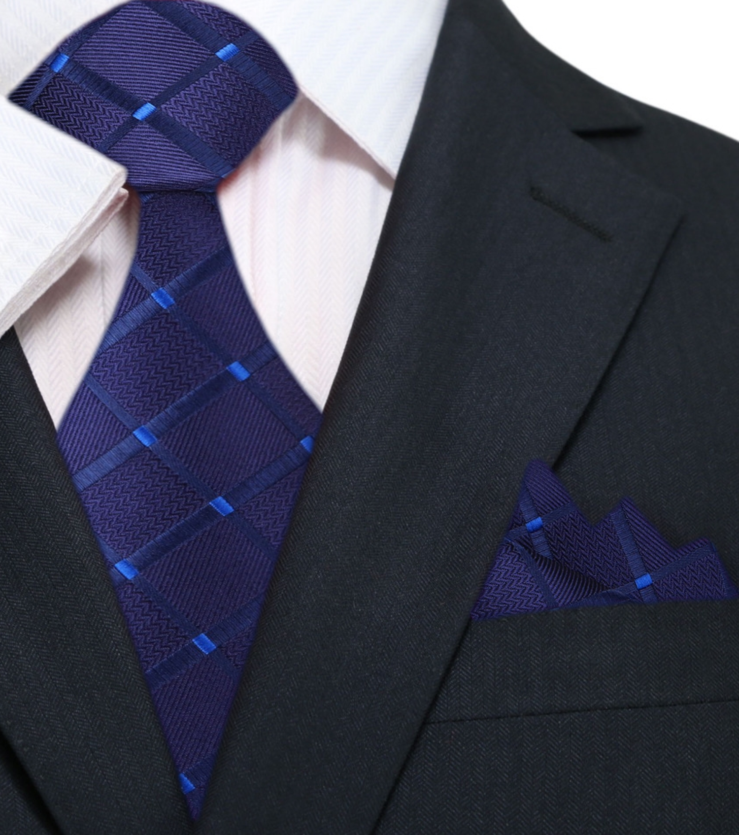 Main: A Deep Blue With Geometric Texture Pattern Silk Necktie, Matching Pocket Square