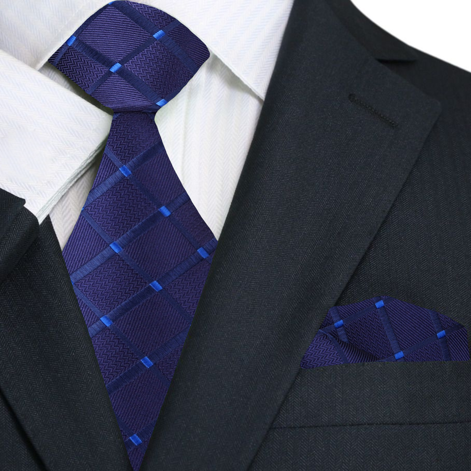 Main: A Deep Blue With Geometric Texture Pattern Necktie, Matching Pocket Square