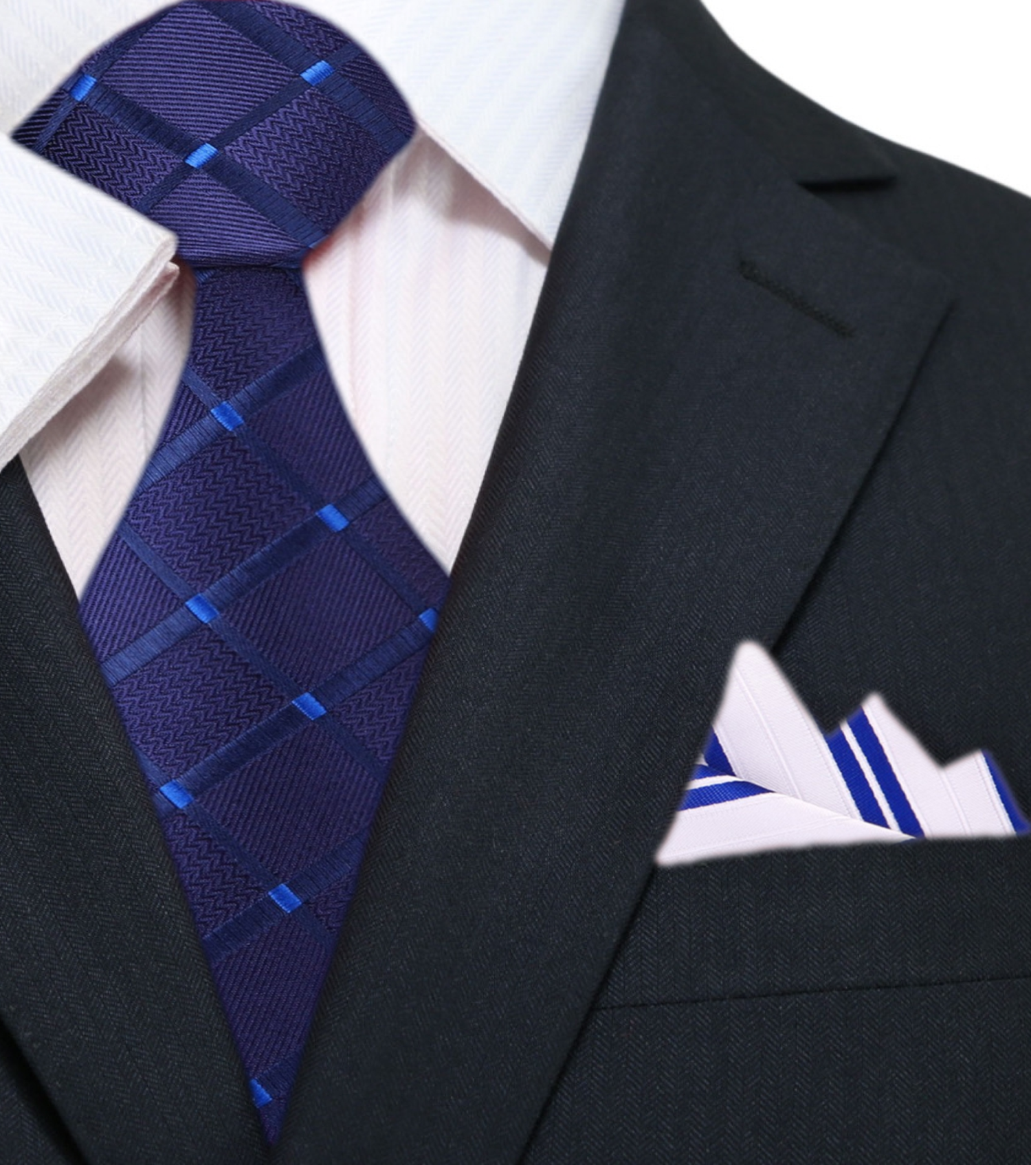 Main Blue Necktie with a Geometric Texture and White Blue Stripe Square