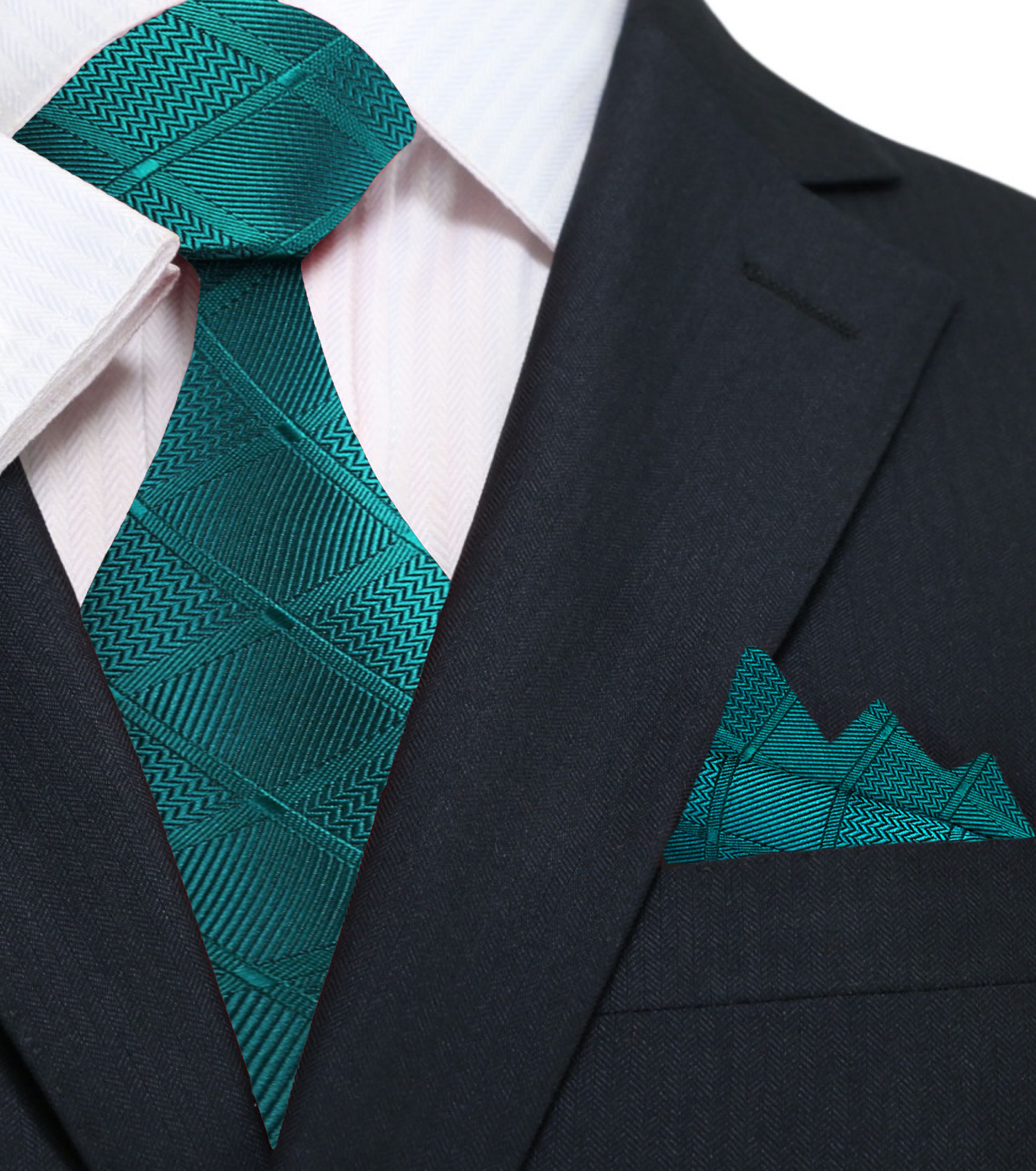 A Green With Geometric Texture Pattern Silk Necktie, Matching Pocket Square