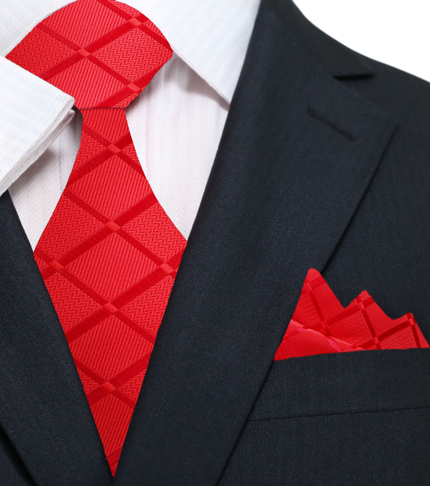 A Bright Red With Geometric Texture Pattern Silk Necktie, Matching Pocket Square