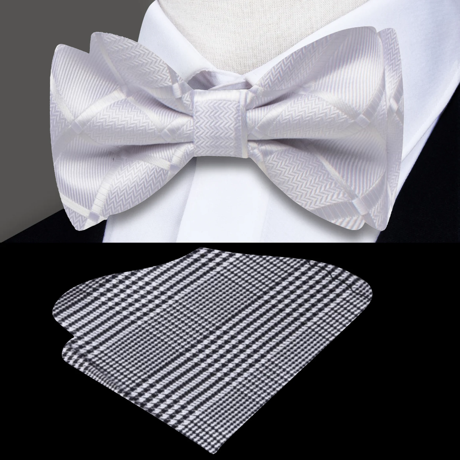 White With Geometric Texture Bow Tie and Accenting Pocket Square