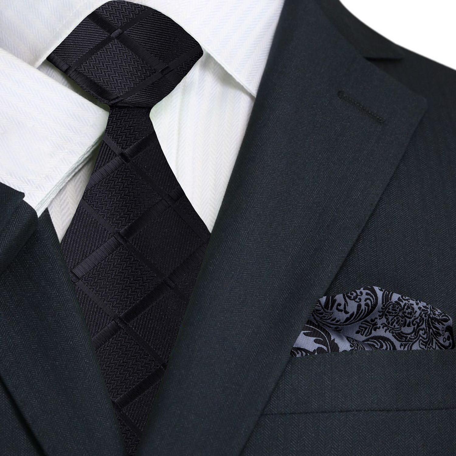 Sleek Black Squares Tie with Accenting Grey and Black Floral Pocket Square