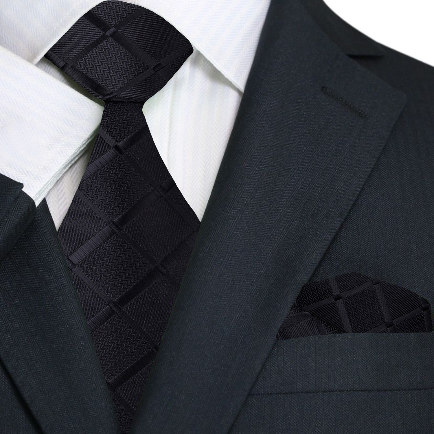 Main: Sleek Black Squares Tie and Pocket Square