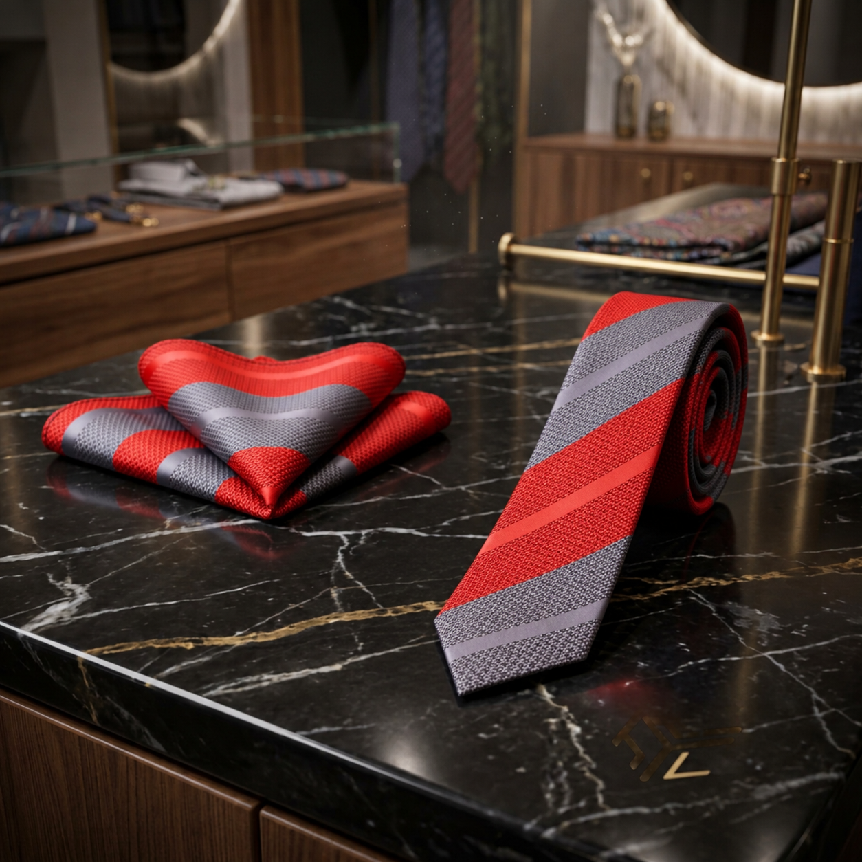 Striped Necktie & Square Collection — Pink/Grey, Red/Grey, Blue/Brown