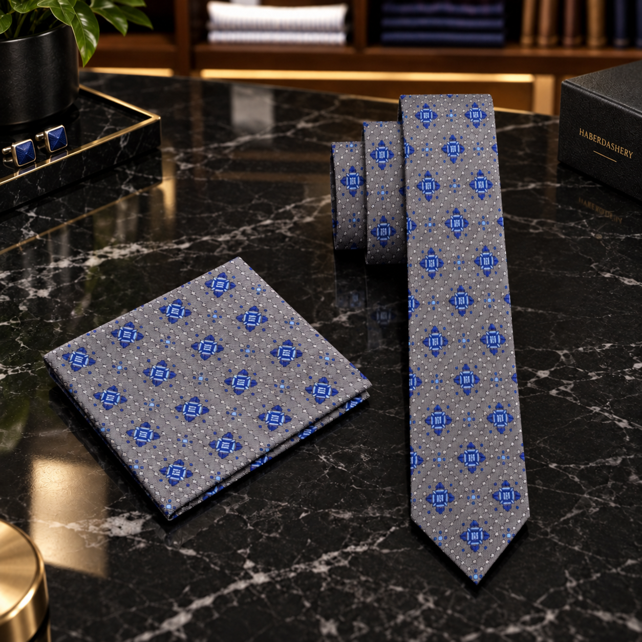 thin Grey Blue Geometric Tie and square