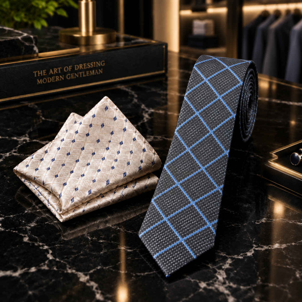 Thin Charcoal Grey Blue Windowpane Necktie and Accenting Square