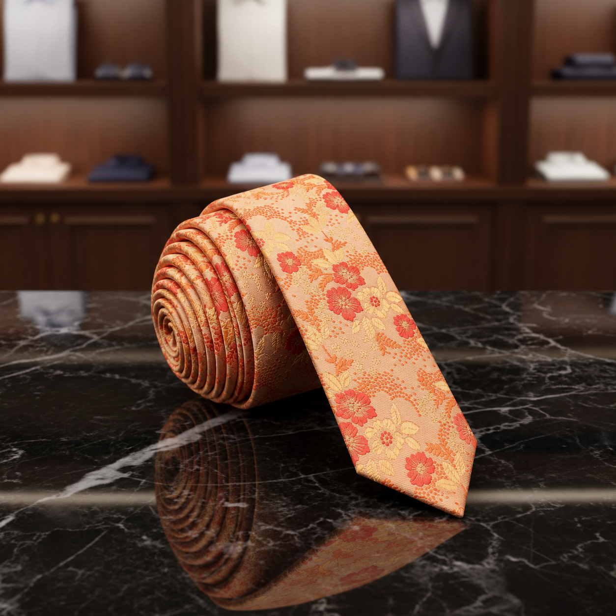 orange floral thin tie