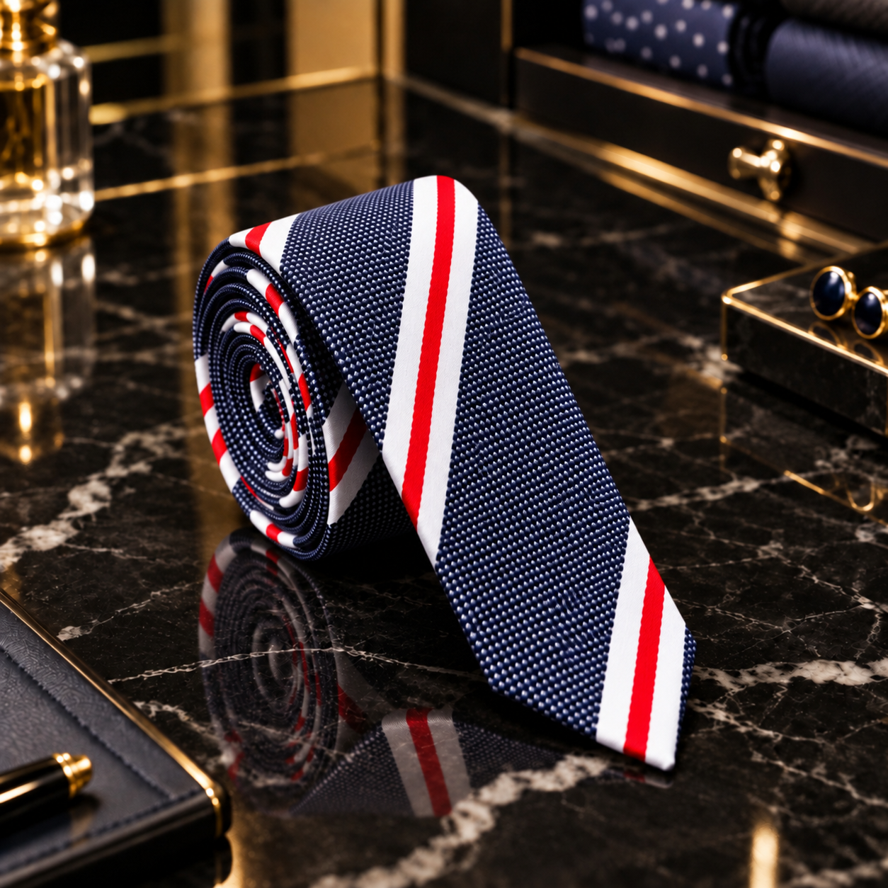 Dark Blue White Red Stripe Tie Thin