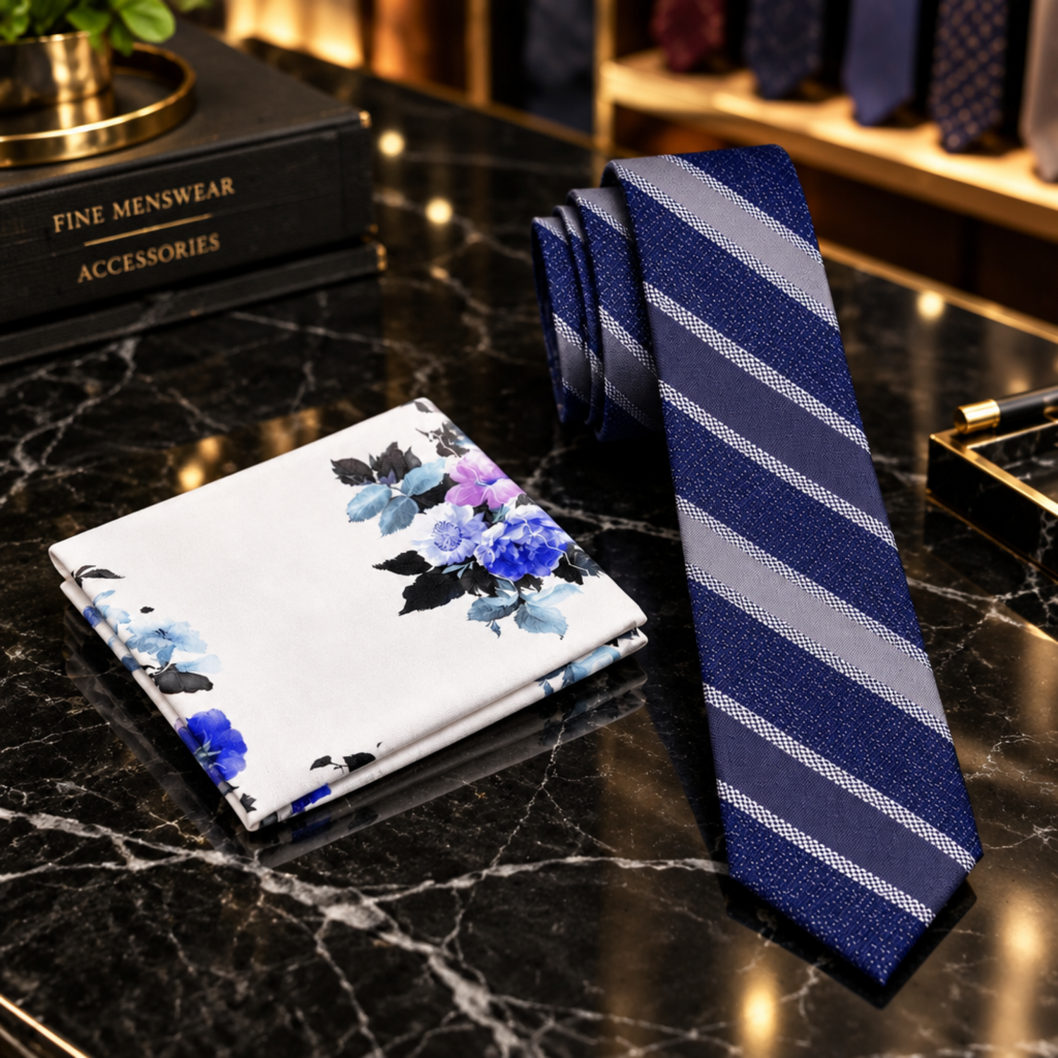 Blue Silver Grey Stripe Thin Tie and Accenting White Blue Floral Square