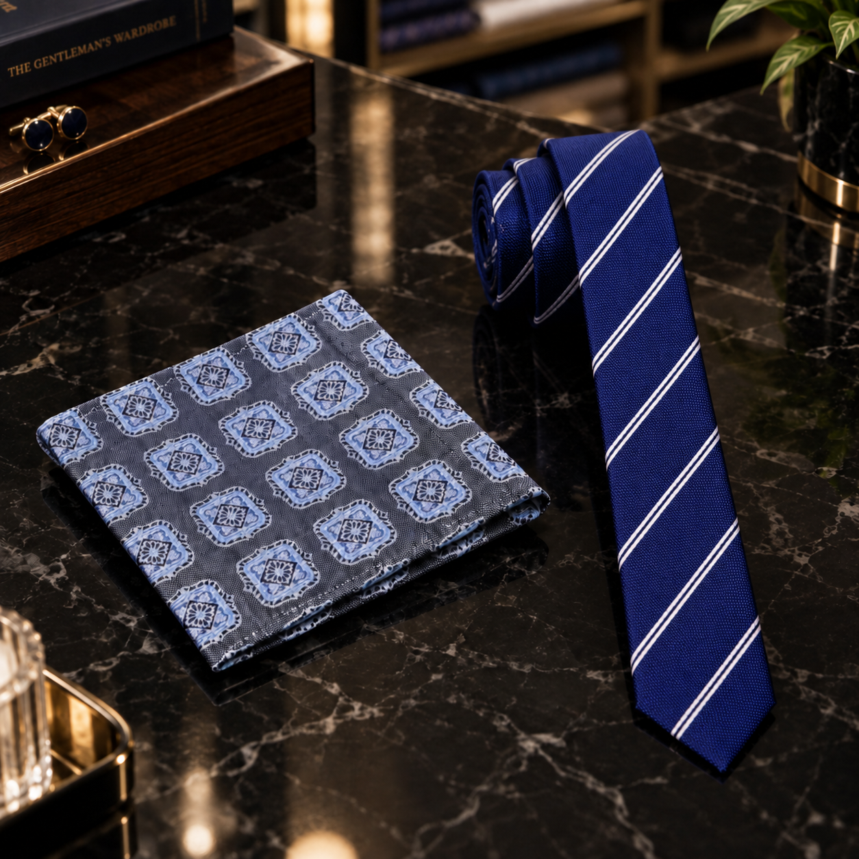 Thin Blue with White Stripes Tie and accenting square