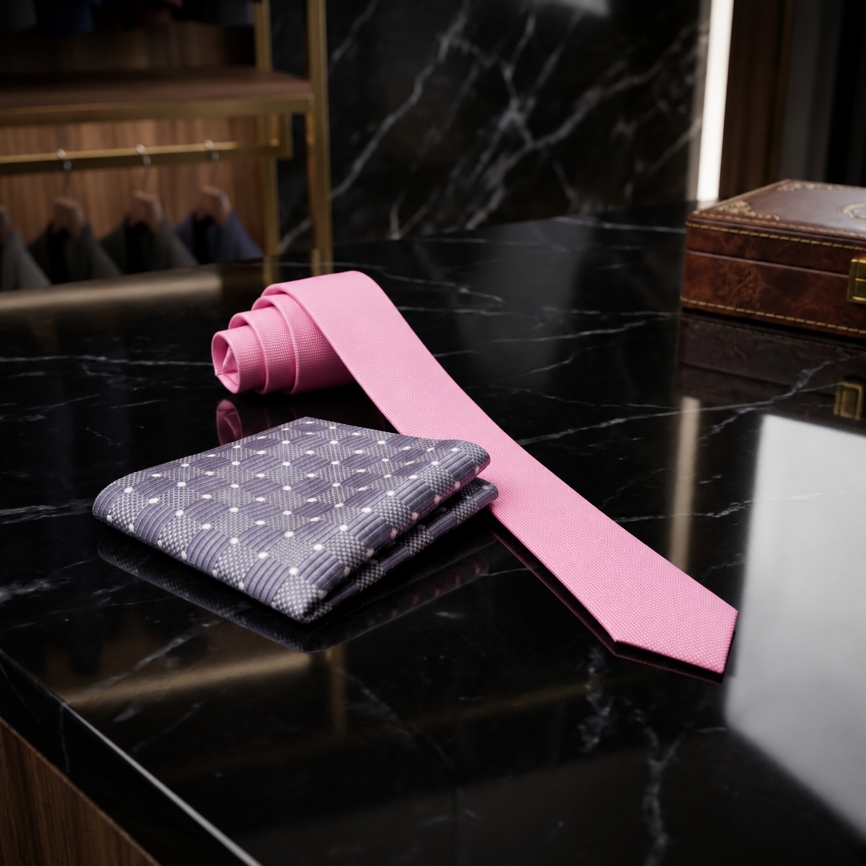 Pink thin tie and patterned pocket square on a black suit jacket.