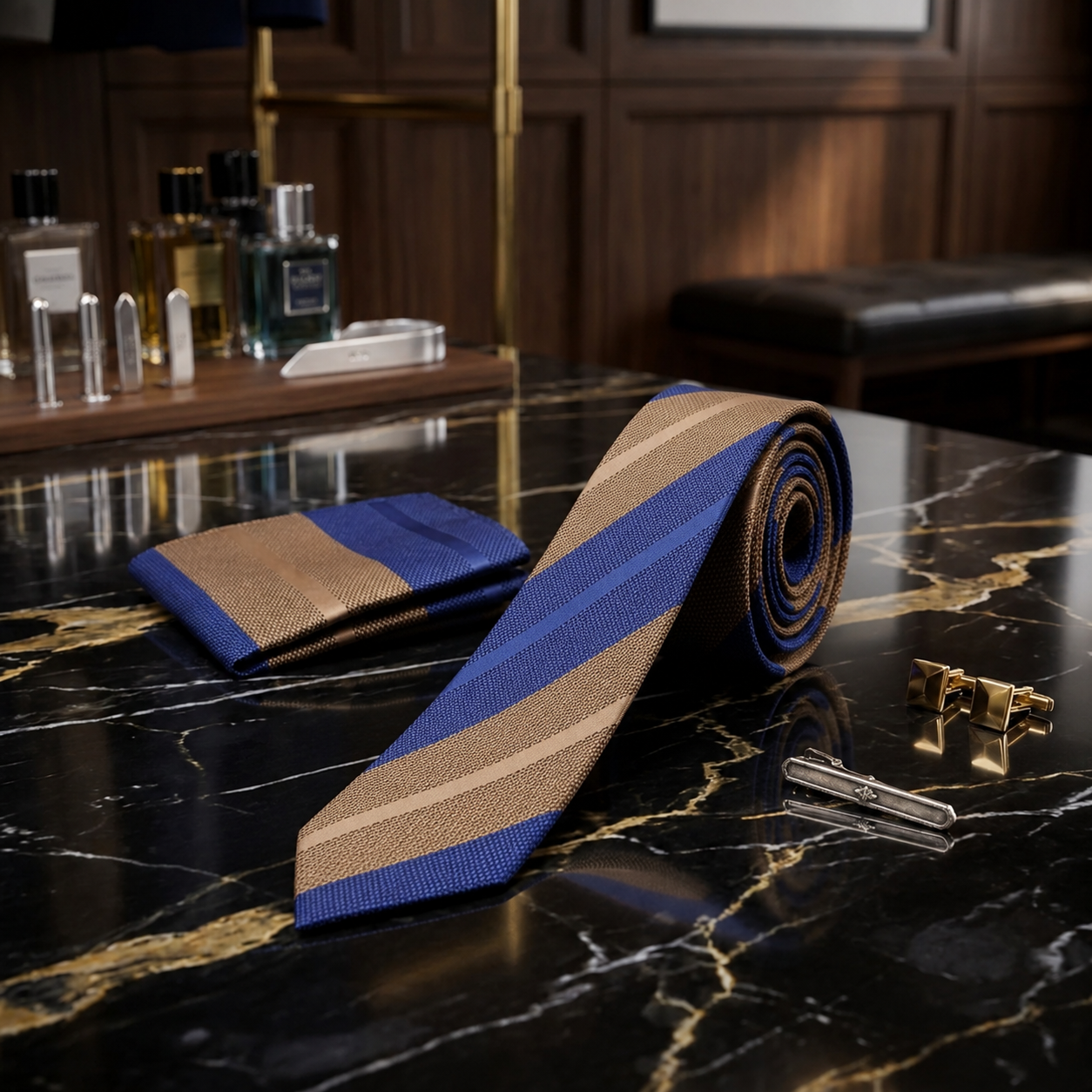Blue, Brown Stripe Thin Tie and Pocket Square||Blue, Brown