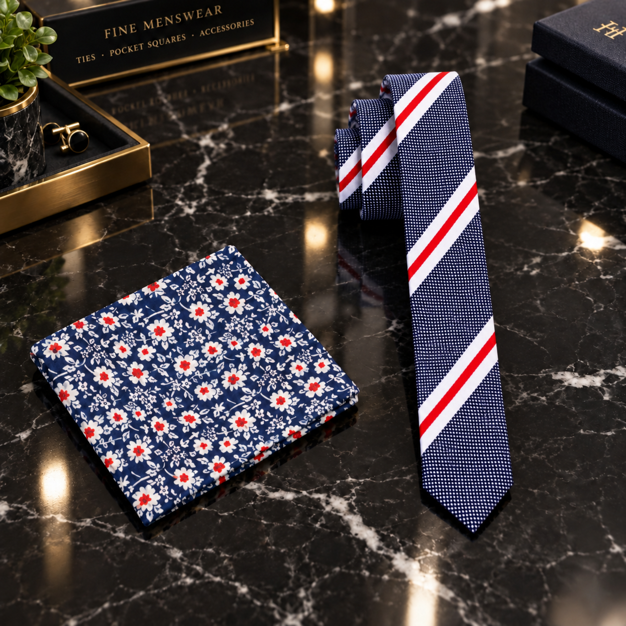 Dark Blue White Red Stripe Thin Tie and Accenting Square